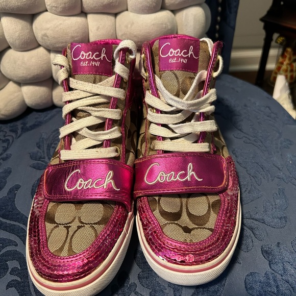 Coach Shoes - Coach Misti Hot Pink High Top Sequin and Logo Sneakers size 8